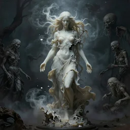 a sculpture of a gorgeous etherial female, breaking apart, metaphysical paintings, Andrew Ferez, by Charlie Bowater, Marco Mazzoni, Seb McKinnon, Ryohei Hase, jeremy geddes, lovecraftian, made of mist, cosmic horror, trending on cgsociety, featured on zbrush central, grotesque, vanitas, new sculpture, mystical