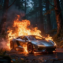 cyberpunk car on fire in the middle of the woods at night fire fiery sci fi advance