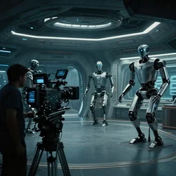 vfx film, behind the scenes, on set, set design, making of, big film production, camera filming futuristic tesla humanoid robots, high tech space ship interior, flat color profile low - key lighting award winning photography arri alexa cinematography, hyper real photorealistic cinematic, atmospheric cool colorgrade