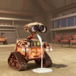 Film still of cat drinking milk in an empty mess hall in the movie WallE, Pixar, high octane render, year 3000