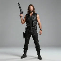 Jesus Christ as Rambo holding a large gun with one hand, full body, photography, 4K