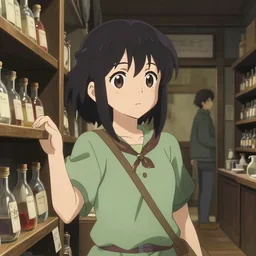 anime visual, portrait of a young female traveler in a alchemist's potion shop interior shopping, cute face by ilya kuvshinov, yoshinari yoh, makoto shinkai, katsura masakazu, moody, dynamic perspective pose, detailed facial features, kyoani, rounded eyes, crisp and sharp, cel shade