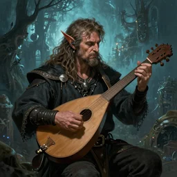 A half-orc bard played by Gary Busey playing the lute, dreamscape, dramatic lighting, fantasy art illustration, trending on artstation, Aetherpunk