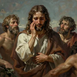 digital painting of the biblical GOD, is crying in tears and is very sad and sorrow , after creating humans, ,octane render, retro,