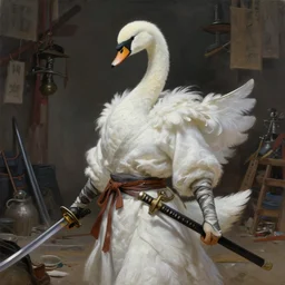 masterpiece oil painting, anthropomorphic white swan that is dressed as a medieval ninja while holding a katana, as a dnd character, inside a cluttered dojo, feathers, belts, extremely detailed, digital illustration, concept art, readability, smooth, sharp focus, art by paul bonner, and brothers hildebrandt