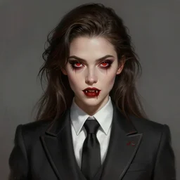 portrait of riley keough in bloody business suit, blood red eyes, vampire fangs, fantasy, intricate, elegant, highly detailed, digital painting, artstation, concept art, matte, sharp focus, illustration, art by aenaluck and roberto ferri and greg rutkowski, epic fantasy, digital painting