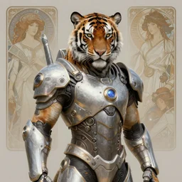 a anthropomorphic cyber tiger wearing scifi armor, diffuse lighting, fantasy, intricate, elegant, highly detailed, lifelike, photorealistic, digital painting, artstation, illustration, concept art, smooth, sharp focus, art by john collier and albert aublet and krenz cushart and artem demura and alphonse mucha