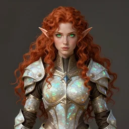 ranger elf, light opal armor!!! long curly red hair!! covered chest!!! green eyes! fantasy, d & d, intricate ornate details, digital painting, pretty face!!, symmetry, concept art, sharp focus, illustration, art by artgerm! greg rutkowski magali villeneuve wlop! ilya kuvshinov!!, octane render