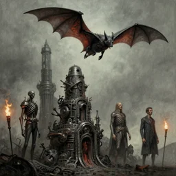 oils inks of 4 character, tiered flayed god machines, bat flying with hunt dystopian, by wayne d barlowe, h r giger, simon bisley & boris vallejo, enric torres, hyper realism, narrative light, muted colors, epic, hyper detailed, awe inspiring, award winning horror, torch lighting, hyper realism, cinematical