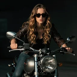 sasha grey in sunglasses on top of motorcycle, cinematic chiaroscuro, photorealistic, artwork by Caravaggio