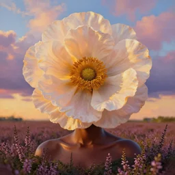 closeup, big flower as head, an african woman in heather field, surreal photography, golden hour, colorful clouds, impressionist painting, digital painting, artstation, simon stalenhag