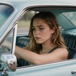 a closeup photorealistic photograph of sadie adler driving a vintage ford mustang. film still. 4 k hd image, trending on artstation, featured on behance, well rendered, extra crisp, features intricate detail, epic composition and the style of unreal engine.