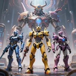futuristic mech warriors with colorful utopian technology being assimilated by the mystical machine god