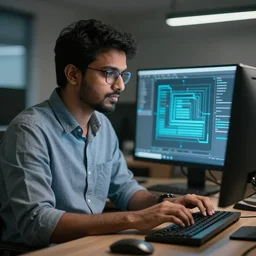 a genius indian man creating prompts, typing on a keyboard, stock photography, 4k/8k