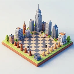 3d isometric view of a game of a chess-themed city, game assets