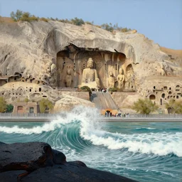 mogao grottoes, surf on lava, painting by gaston bussiere, j. c. leyendecker