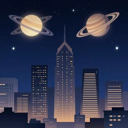 Megapolis skyline under starry sky, with Saturn on sky, 2D cartoon
