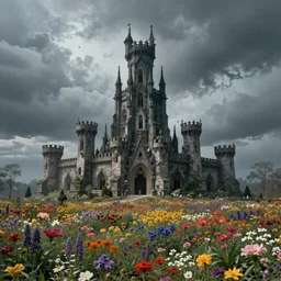 A very very phantasmagoric and ominous tall fortress stands in the middle of an plain covered with colorful flowers