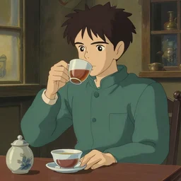 attractive male drinking tea, in the style of studio ghibli, j. c. leyendecker, greg rutkowski, artgerm
