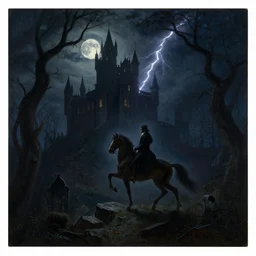 every 1 9 th century gothic novel in the style of ernst oehme ( 1 7 9 7 - 1 8 5 5 ), oil on canvas, 1 8 3 5, midnight, moonlight, spooky castle, jagged rocks, horse rider, lightning, eldritch trees