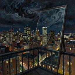 impressionistic full - color painting of a distorted mirror reflecting a nightmarish balcony view of boston downtown skyline in 1 9 2 5 at night with a horrifying sky, aerial view, dark, brooding, night, atmospheric, horror, cosmic, ultra - realistic, smooth, highly detailed by dave dorman