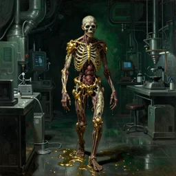 realistic Courbet painting of a dark sci-fi laboratory at night, dark green light, dressed zombie walking made of guts and veins dripping golden shiny metalic fluid from ribcage to the floor. liquid shiny puddle of gold on the floor.