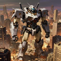 a giant robot corpse that was repurposed into a booming city, set in the distant future, steampunk, cyberpunk, warm lights, anime, vhs distortion