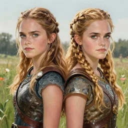 anya taylor - joy emma watson,, symmetrical front view, long blond braided hair, nuragic warrior, meadow background, highly detailed, digital painting, artstation, concept art, sharp focus, illustration, art by aleksi briclot, raphael lacoste, magali villeneuve
