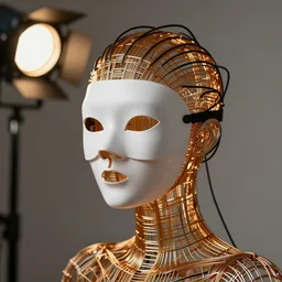 ultra detailed, beautiful natural light, studio lights, rim light, amberbritney wearing a white mask with black wires on her head, featured on behance, net art, made of wire, 5 0 mm lens, elegant, hyper realistic, ultra detailed, octane render, volumetric lighting, 8 k post - production