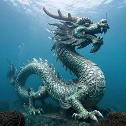 a colossal statue of an ancient chinese dragon cast in bronze with heavy crystal scales found sunken underwater in 2 0 2 0