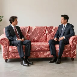 realistic photograph of couch made out of meat, business men sitting on couch of meat and talking,