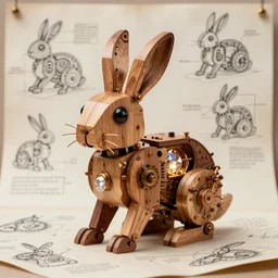 mechanical rabbit with a glowy crystal inside powering it up, steampunk design, made of woods, by Leonardo da Vinci, drawn projects on paper, instructions to build it