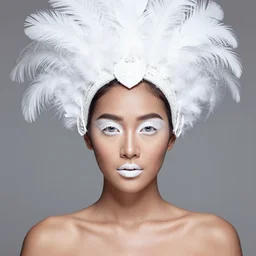 absurdly beautiful, fashionable young thai woman with dark skin and symmetrical white makeup, wearing an intricate headdress made from white feathers, wearing large earrings made from white pearls, ambient background in the fourth dimension, psychedellic fractals, ayahausca, tryptamine, hyperdetailed illustration by irakli nadar and alexandre ferra, intricate linework, unreal engine 5 highly rendered, global illumination, radiant light, detailed and intricate environment
