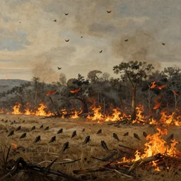 a plague of locusts over burning forest. desolate landscape. fields on fire. greg rutkowski gustave dore caspar david friedrich dystopian hyperdetailed landscape. millions of tiny locusts in the sky