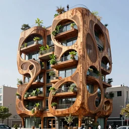 hyperrealstic photo of a futuristic timber building in an urban setting, the building has many balconies with hanging plants, parts of the building are covered with wooden facade that has huge holes, the wooden facade havs thick mesh with large holes for balconies and windows, zaha hadid, 8 k