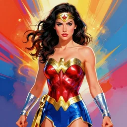 symmetry!! stunning portrait of young lynda carter as wonder woman!! by victo ngai, kilian eng vibrant colours, dynamic lighting, digital art, winning award masterpiece, fantastically beautiful, illustration, aesthetically inspired by beksinski and dan mumford, trending on artstation, art by greg rutkowski, 8 k