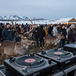“a crowded chukcha rave detailed photo with a deer playing tracks on the turntables in tundra, matte painting”