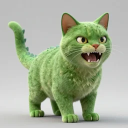 a green cat with a dinosaur tail and dinosaur eyes, sharp teeth, ferocious looking