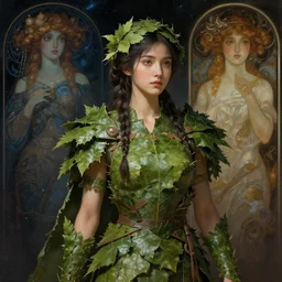 beautiful ancient girl in makeshift leaf armor, deep space, another world, highly detailed, digital painting, artstation, sharp focus, illustration, art by tan zi and ayanamikodon and alphonse mucha and wlop