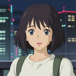 anime fine details portrait of Mizore Shirayuki in front of cyberpunk modern city landscape on the background deep bokeh, close-up view, anime masterpiece by Studio Ghibli, 8k, sharp high quality anime, artstation
