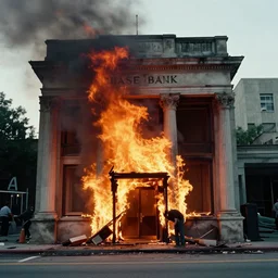 7 0 s movie still of chase bank burning, cinestill 8 0 0 t 3 5 mm eastmancolor, heavy grain, high quality, high detail