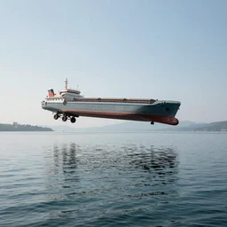 a serene lake with a cargo ship turned upside down hovering above it. teleportation accident photo