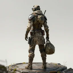 concept art of a post apocalyptic explorer nomad with bag standing on a platform, back view, hyperrealistic, photorealistic, style by wlop, cgsociety, hyper detailed, 8 k