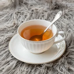 tea cup, saucer and spoon, covered in fur