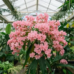 a tropical greenhouse with pink flowers