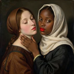 A woman is holding another woman, hand around her neck, she is Korean and black, both have red lips, wearing a hijab, Pre-Raphaelite style