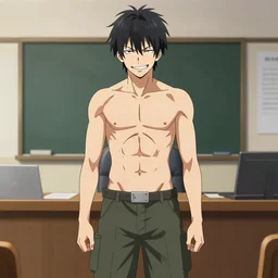 aloof anime man with black emo hair wearing baggy shorts, standing in headmistress's office, smug grin, smug expression, punchable expression, punchable face, he's a jerk, sharp details, subsurface scattering, intricate details, art by artgerm, anime, anime hd wallpaper, 2 0 1 9 anime screenshot