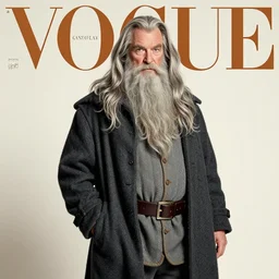 gandalf fashion. pose. studio photo in the 7 0's. vogue magazine cover with text. highly detailed