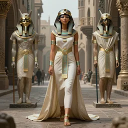 costume design from ancient egyptian designers, sophisticated composition, old masters light composition, procedurally generated, epic maid girl character posing for concept art, gothic city streets behind her, substance designer, PBR, HD, Ultra detailed, hyperrealistic, megascans, volumetric light, concept by master artist, made in paint tool SAI2, trending pixiv face