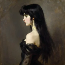 a high fashion studio dramatic side profile portrait of anime maya ali mage, painting by gaston bussiere, craig mullins, j. c. leyendecker
